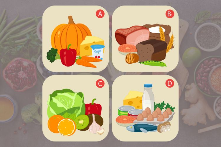 a graphic depiction of the foods that contain vitamins A, B, C, and D